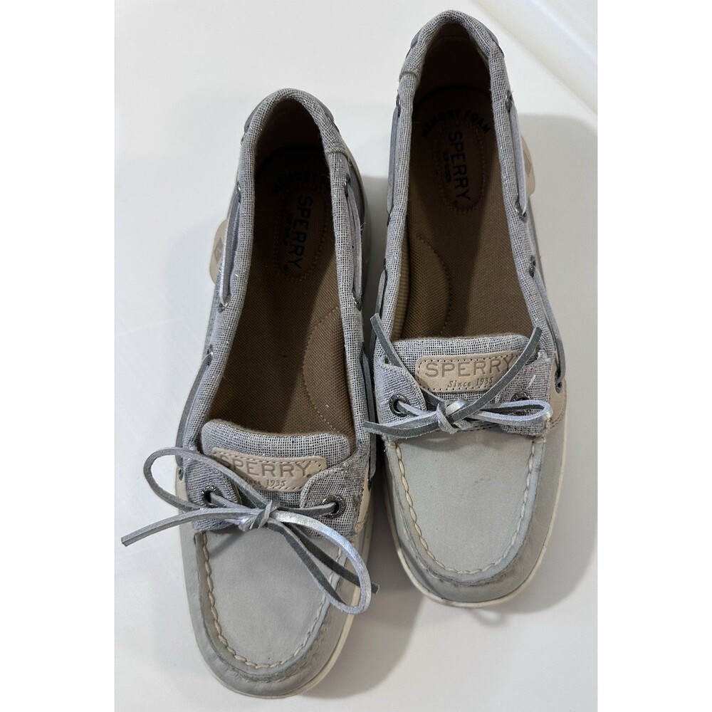 Sperry Top-Sider Boat Shoes Women’s 8 Gray Linen Leather Lace Up Comfort Casual